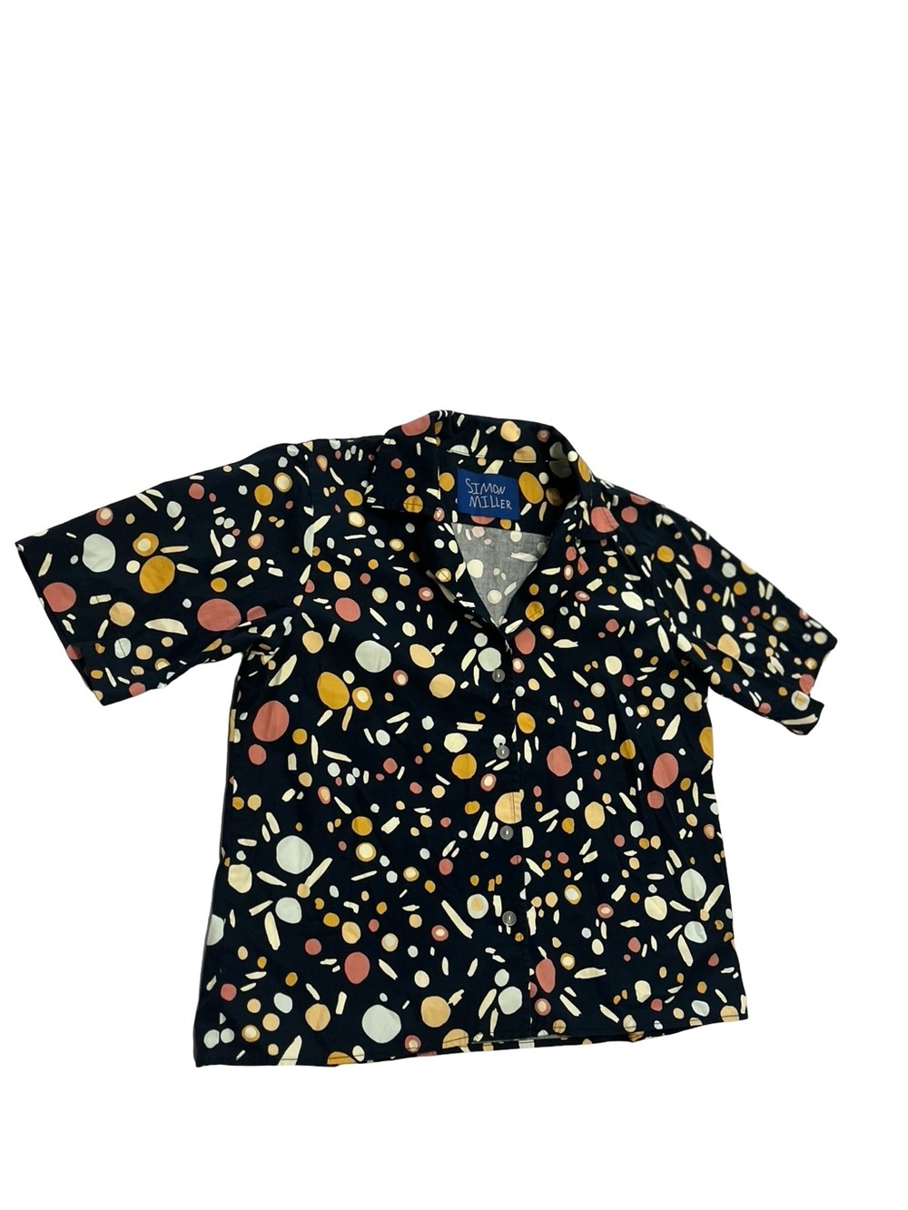 Simon Miller Navy Blue Button Up Abstract Camp Shirt Sz S Boxy Travel Made In US